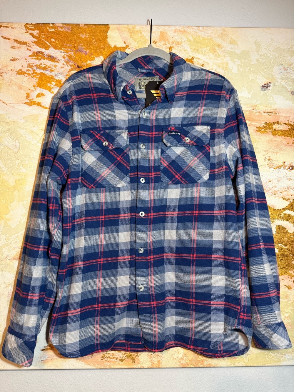 Burlebo Flannel Shirt Mens Med Red White Blue Plaid Button Down
